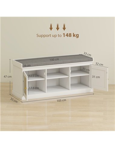 HOMCOM Boho Shoe Storage Bench with Padded Cushion and Rattan Doors - White