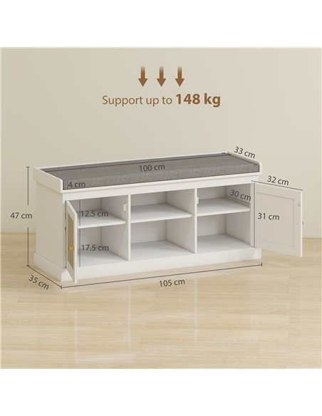 HOMCOM Boho Shoe Storage Bench with Padded Cushion and Rattan Doors - White - pic 167403 | FastDaddyshop
