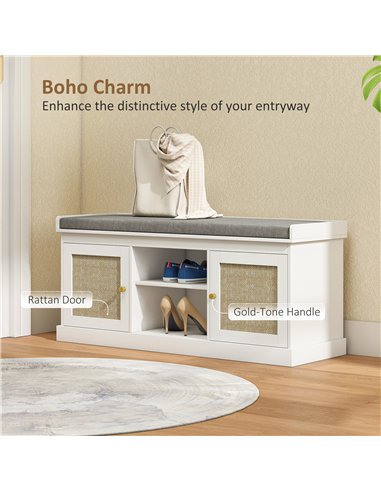 HOMCOM Boho Shoe Storage Bench with Padded Cushion and Rattan Doors - White