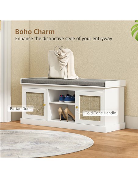 HOMCOM Boho Shoe Storage Bench with Padded Cushion and Rattan Doors - White - pic 167404 | FastDaddyshop