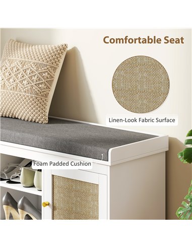 HOMCOM Boho Shoe Storage Bench with Padded Cushion and Rattan Doors - White