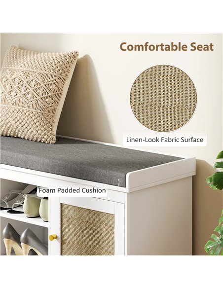HOMCOM Boho Shoe Storage Bench with Padded Cushion and Rattan Doors - White - pic 167405 | FastDaddyshop