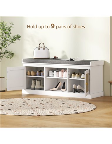 HOMCOM Boho Shoe Storage Bench with Padded Cushion and Rattan Doors - White