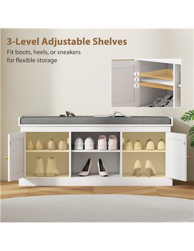 HOMCOM Boho Shoe Storage Bench with Padded Cushion and Rattan Doors - White