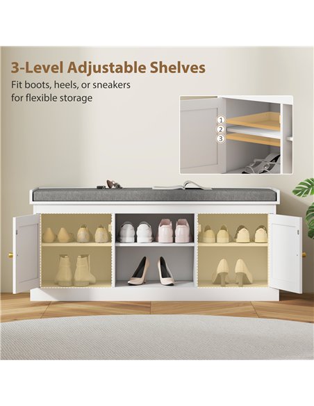 HOMCOM Boho Shoe Storage Bench with Padded Cushion and Rattan Doors - White - pic 167407 | FastDaddyshop