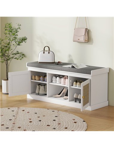 HOMCOM Boho Shoe Storage Bench with Padded Cushion and Rattan Doors - White