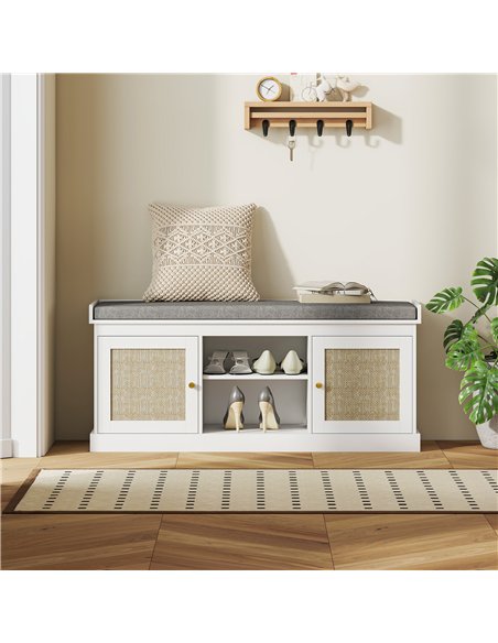 HOMCOM Boho Shoe Storage Bench with Padded Cushion and Rattan Doors - White - pic 167409 | FastDaddyshop