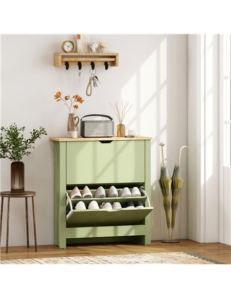 HOMCOM Slim Shoe Cabinet, Narrow Shoe Cupboard with 2 Flip Drawers, Adjustable Shelves for 12 Pairs of Shoes, Green - pic 167429 | FastDaddyshop