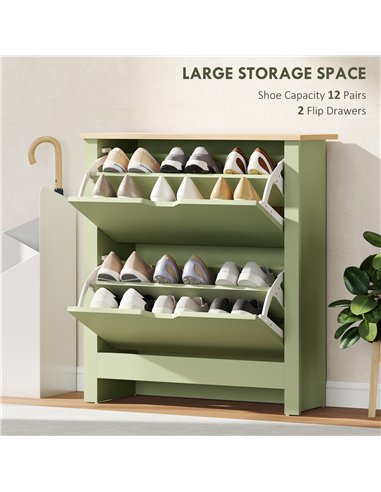 HOMCOM Slim Shoe Cabinet, Narrow Shoe Cupboard with 2 Flip Drawers, Adjustable Shelves for 12 Pairs of Shoes, Green