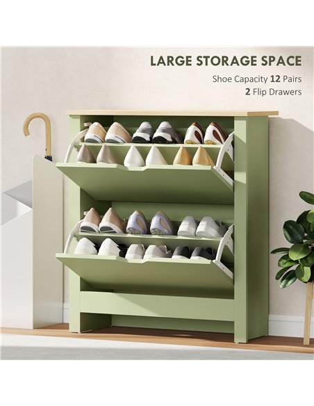HOMCOM Slim Shoe Cabinet, Narrow Shoe Cupboard with 2 Flip Drawers, Adjustable Shelves for 12 Pairs of Shoes, Green - pic 167431 | FastDaddyshop