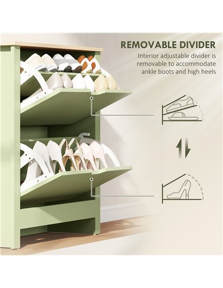 HOMCOM Slim Shoe Cabinet, Narrow Shoe Cupboard with 2 Flip Drawers, Adjustable Shelves for 12 Pairs of Shoes, Green - pic 167433 | FastDaddyshop