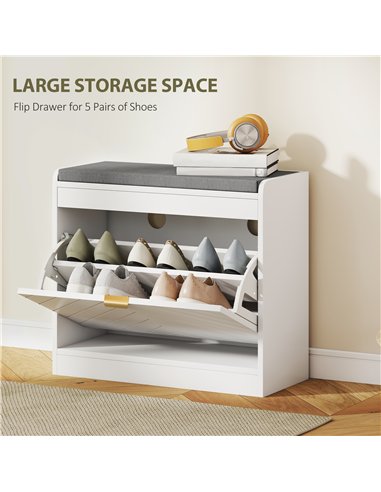 HOMCOM Shoe Storage with Seat, Upholstered Entryway Bench, Shoe Bench with 1 Flip Drawer and 4 Vents for 5 Pairs of Shoes