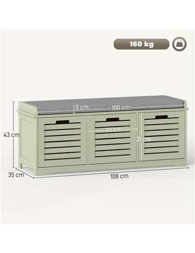 HOMCOM 3-Drawer Shoe Storage Bench - Green
