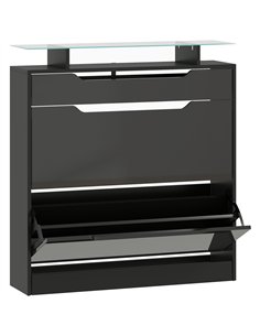 HOMCOM Shoe Storage Cabinet with Slide Out Drawer, 2 Flip Doors, Tempered Glass Top - Black