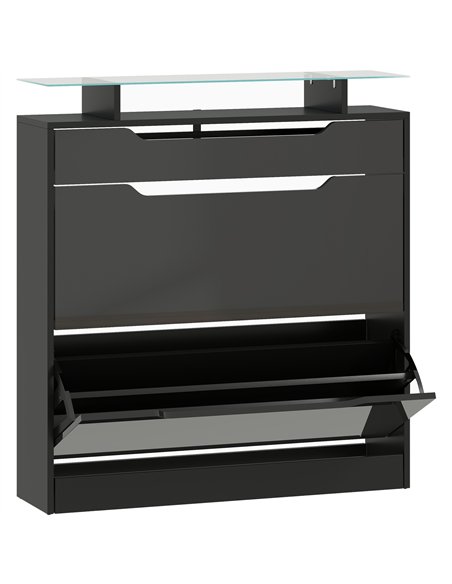 HOMCOM Shoe Storage Cabinet with Slide Out Drawer, 2 Flip Doors, Tempered Glass Top - Black - pic 167473 | FastDaddyshop