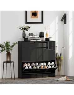 HOMCOM Shoe Storage Cabinet with Slide Out Drawer, 2 Flip Doors, Tempered Glass Top - Black 2