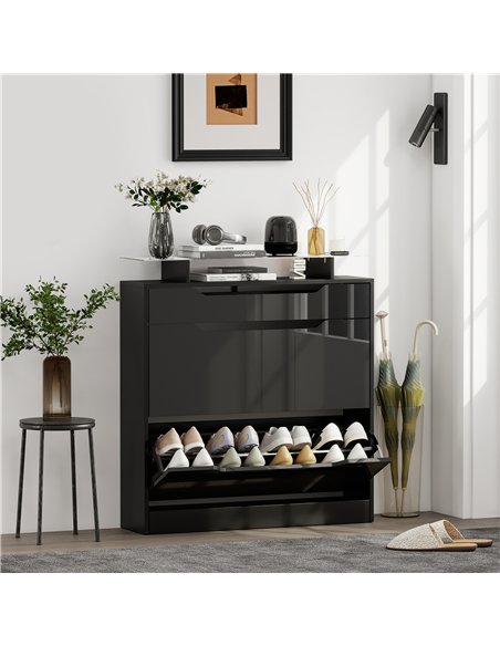 HOMCOM Shoe Storage Cabinet with Slide Out Drawer, 2 Flip Doors, Tempered Glass Top - Black - pic 167474 | FastDaddyshop