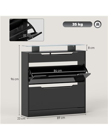 HOMCOM Shoe Storage Cabinet with Slide Out Drawer, 2 Flip Doors, Tempered Glass Top - Black