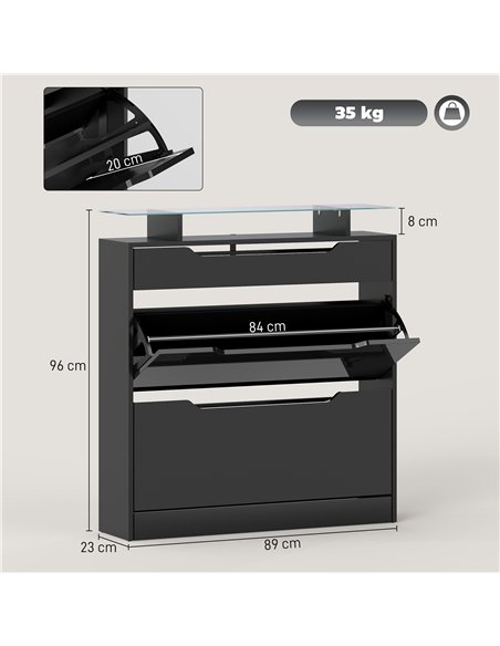 HOMCOM Shoe Storage Cabinet with Slide Out Drawer, 2 Flip Doors, Tempered Glass Top - Black - pic 167475 | FastDaddyshop