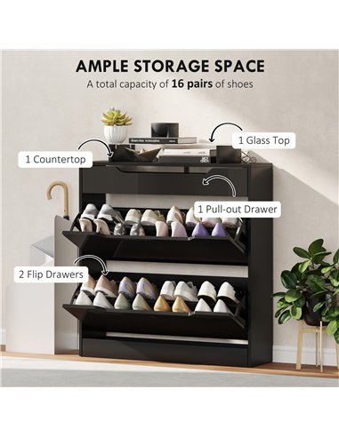 HOMCOM Shoe Storage Cabinet with Slide Out Drawer, 2 Flip Doors, Tempered Glass Top - Black