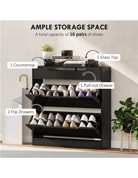 HOMCOM Shoe Storage Cabinet with Slide Out Drawer, 2 Flip Doors, Tempered Glass Top - Black - pic 167476 | FastDaddyshop