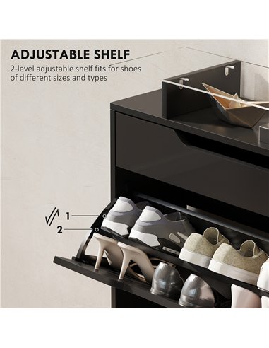 HOMCOM Shoe Storage Cabinet with Slide Out Drawer, 2 Flip Doors, Tempered Glass Top - Black