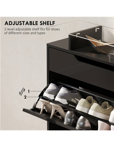 HOMCOM Shoe Storage Cabinet with Slide Out Drawer, 2 Flip Doors, Tempered Glass Top - Black - pic 167477 | FastDaddyshop