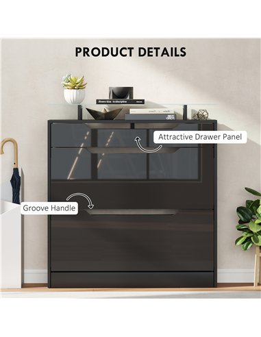 HOMCOM Shoe Storage Cabinet with Slide Out Drawer, 2 Flip Doors, Tempered Glass Top - Black