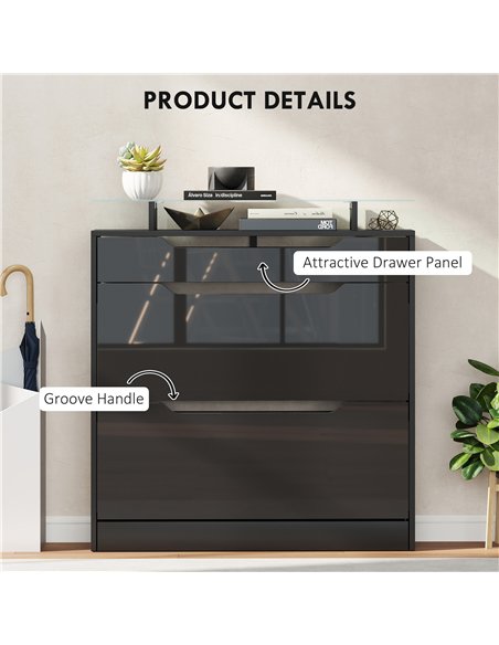 HOMCOM Shoe Storage Cabinet with Slide Out Drawer, 2 Flip Doors, Tempered Glass Top - Black - pic 167478 | FastDaddyshop