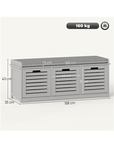 HOMCOM 3-Drawer Shoe Storage Bench - Grey