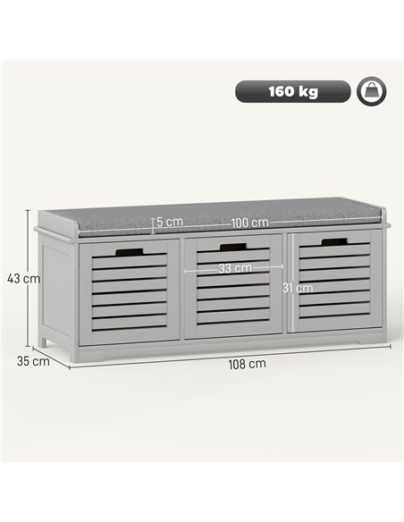 HOMCOM 3-Drawer Shoe Storage Bench - Grey - pic 167484 | FastDaddyshop