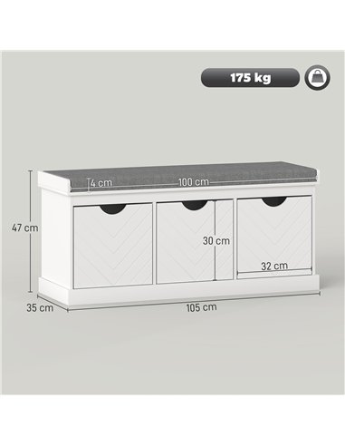 HOMCOM Three-Drawer Shoe Bench, with Seat - White