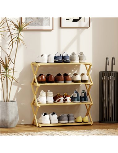 HOMCOM Four-Tier Folding Bamboo Shoe Rack - Natural Finish