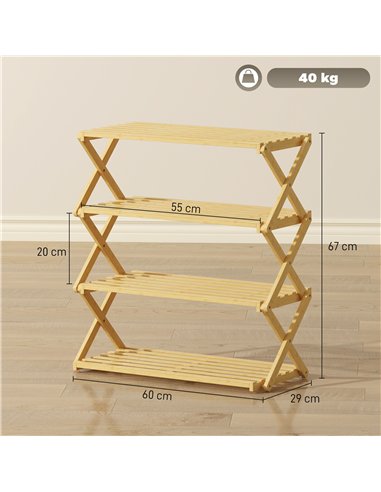 HOMCOM Four-Tier Folding Bamboo Shoe Rack - Natural Finish