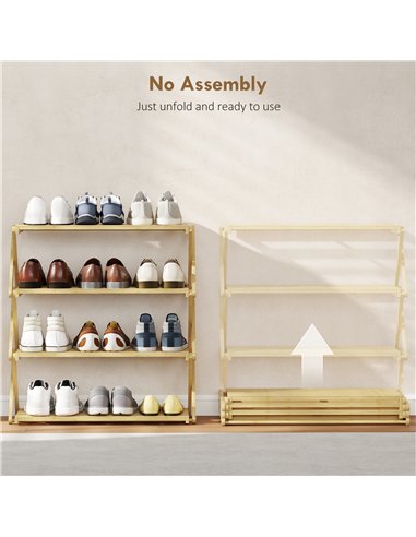 HOMCOM Four-Tier Folding Bamboo Shoe Rack - Natural Finish