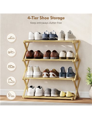 HOMCOM Four-Tier Folding Bamboo Shoe Rack - Natural Finish