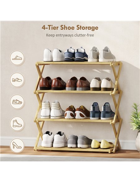 HOMCOM Four-Tier Folding Bamboo Shoe Rack - Natural Finish - pic 167505 | FastDaddyshop