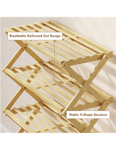 HOMCOM Four-Tier Folding Bamboo Shoe Rack - Natural Finish