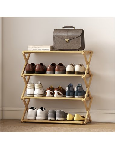 HOMCOM Four-Tier Folding Bamboo Shoe Rack - Natural Finish