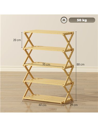 HOMCOM Five-Tier Folding Bamboo Shoe Rack - Natural Finish