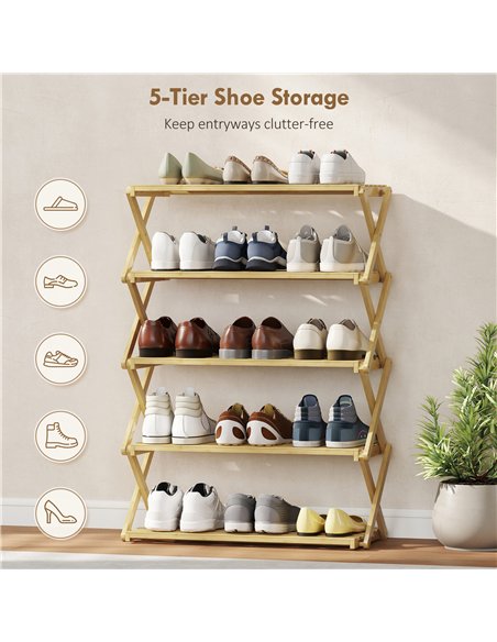 HOMCOM Five-Tier Folding Bamboo Shoe Rack - Natural Finish - pic 167514 | FastDaddyshop