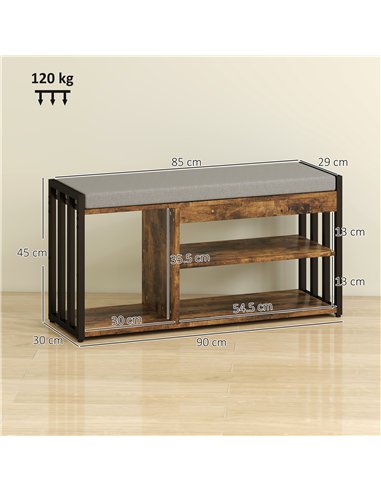 HOMCOM Shoe Storage with Seat, Upholstered Entryway Bench, Shoe Bench with 3 Open Shelves for Hallway, Rustic Brown