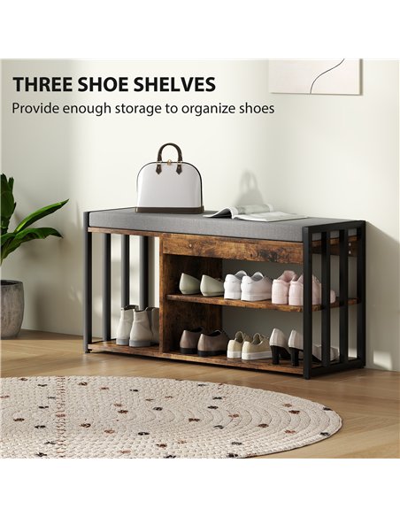 HOMCOM Shoe Storage with Seat, Upholstered Entryway Bench, Shoe Bench with 3 Open Shelves for Hallway, Rustic Brown - pic 167530 | FastDaddyshop