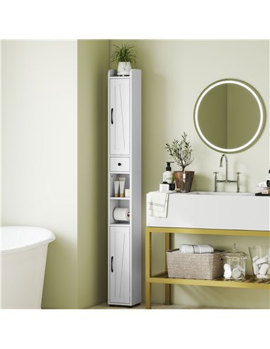 HOMCOM Tall Bathroom Cabinet, Farmhouse Slim Bathroom Storage Cabinet with Barn Doors, Toilet Paper Roll Holder, Drawer and Adju
