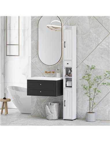 HOMCOM Tall Bathroom Cabinet, Farmhouse Slim Bathroom Storage Cabinet with Barn Doors, Toilet Paper Roll Holder, Drawer and Adju