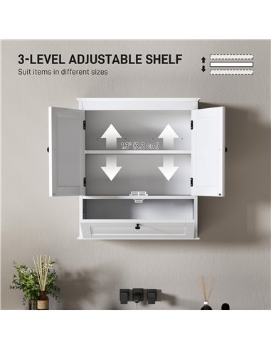 HOMCOM Bathroom Wall Cabinet with Adjustable Shelf and Recessed Doors, White