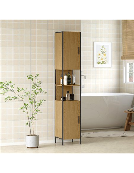 HOMCOM Tall Bathroom Cabinet with 2 Doors, Open Compartments and Adjustable Shelves - Natural Wood Finish - pic 167636 | FastDaddyshop