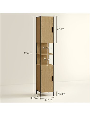 HOMCOM Tall Bathroom Cabinet with 2 Doors, Open Compartments and Adjustable Shelves - Natural Wood Finish