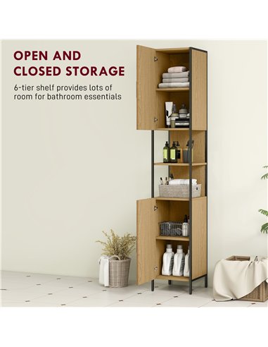 HOMCOM Tall Bathroom Cabinet with 2 Doors, Open Compartments and Adjustable Shelves - Natural Wood Finish