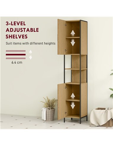 HOMCOM Tall Bathroom Cabinet with 2 Doors, Open Compartments and Adjustable Shelves - Natural Wood Finish